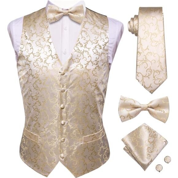 Men's Silk Vest Bowtie Set Formal Suit Vest Jacquard Tie Handkerchief - Picture 1 of 6